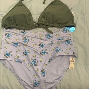 Aerie Green Triangle Bikini Top with Floral High-Waist Bottoms large brand new
